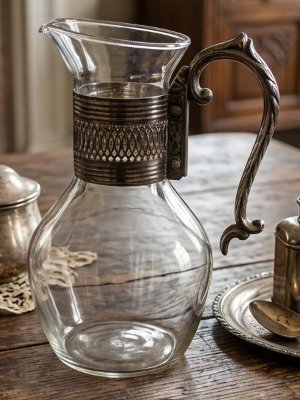 Vintage Clear Glass Pitcher Plated Silver Rim and Handle